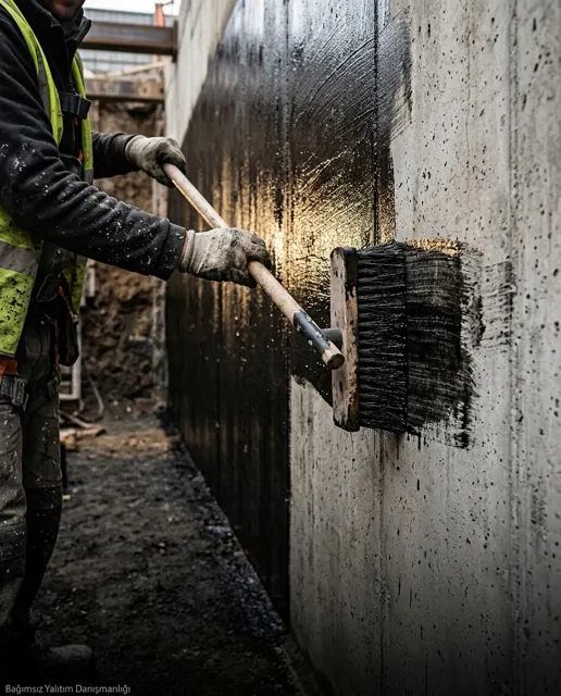 Brushing a bitumen primer onto a retaining wall