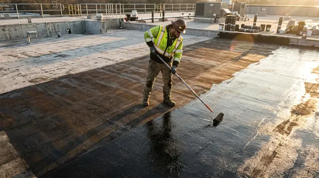 Rolling a bitumen primer onto a roof slab