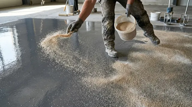 Broadcasting quartz sand onto wet primer