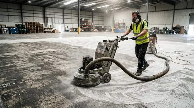 Floor grinding in a warehouse; ground and unground areas side by side